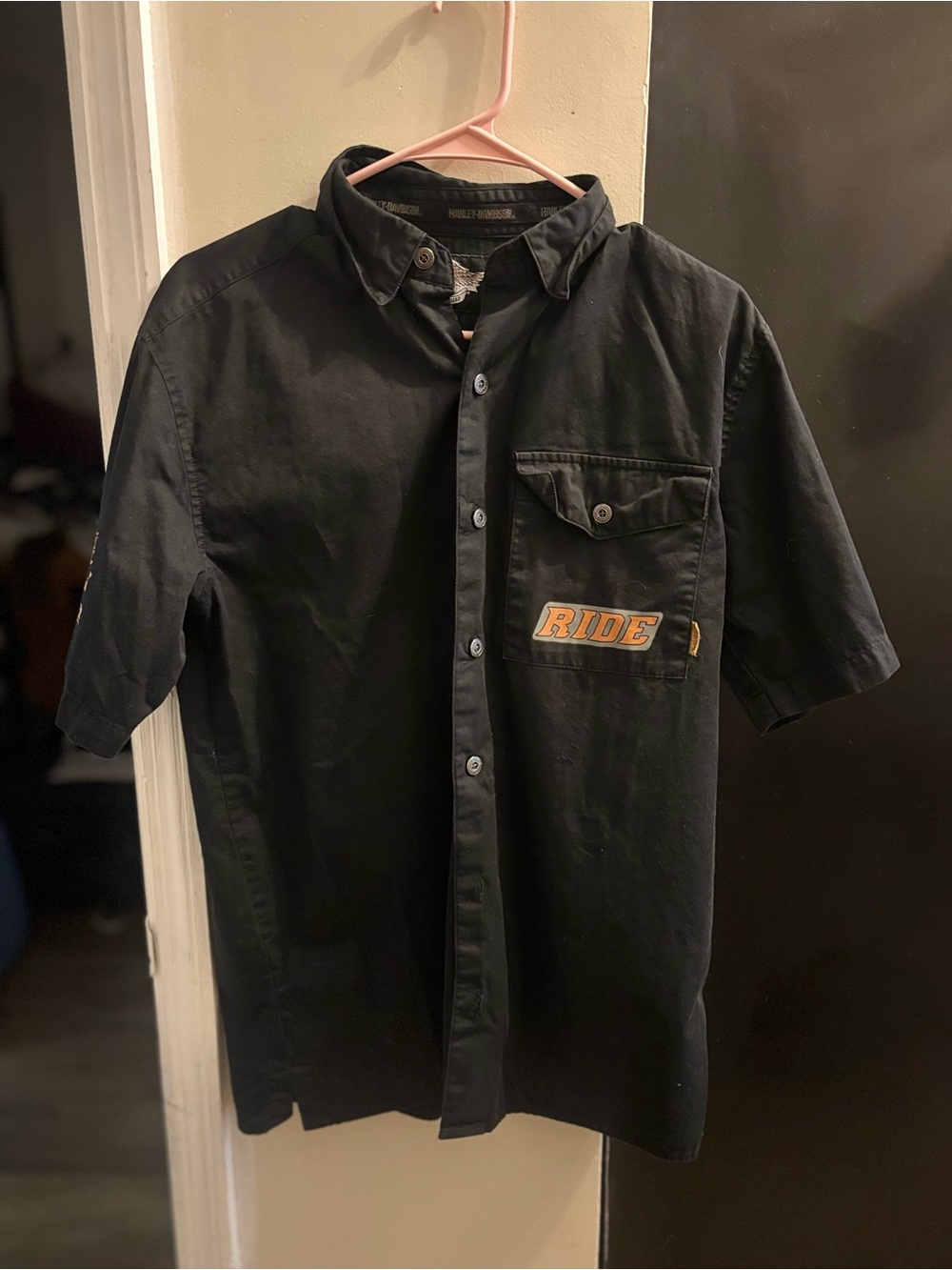 Harley-Davidson Black Short-Sleeve Button-Down Shirt with 'RIDE' Chest Patch